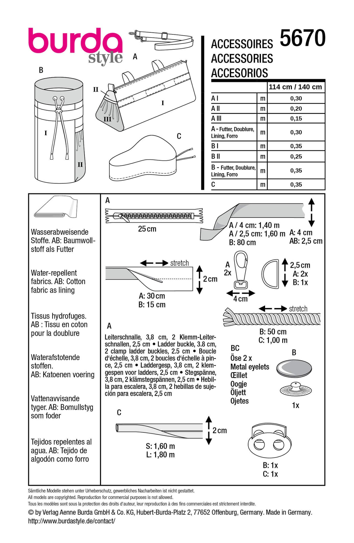 Patron Burda 5670 – Sacoche vélo, porte-bouteille et housse de selle