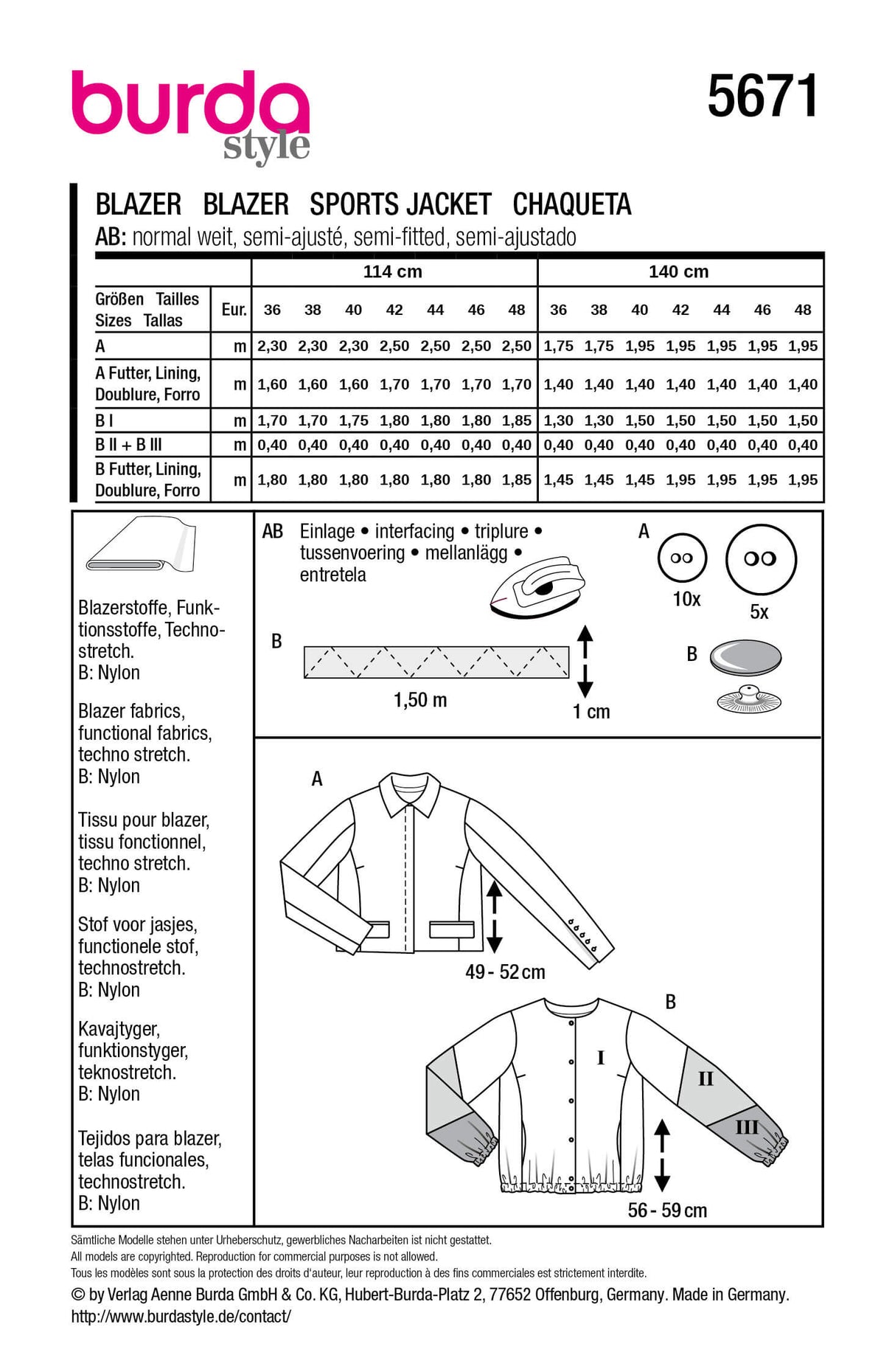 Patron Burda 5671 – Veste structurée et blouson sportif femme