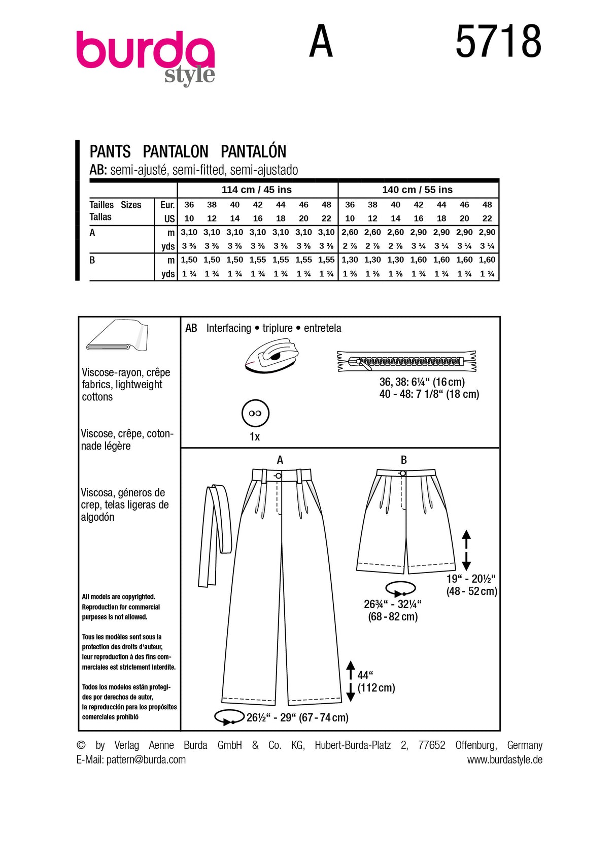 Patron Burda n°5718 - Pantalon et short femme
