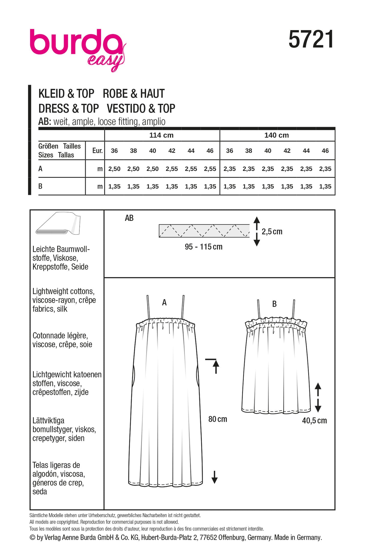 Patron Burda n°5721 - Robe et top à encolure smockée