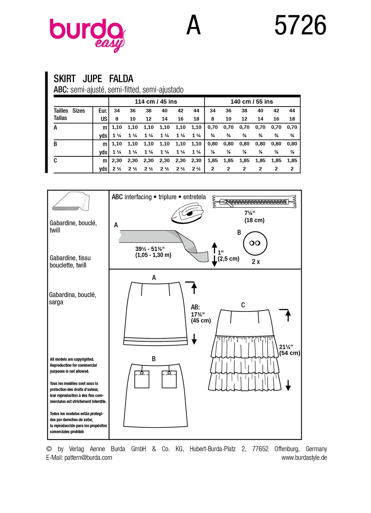 Patron Burda n°5726 - Jupe courte à taille haute
