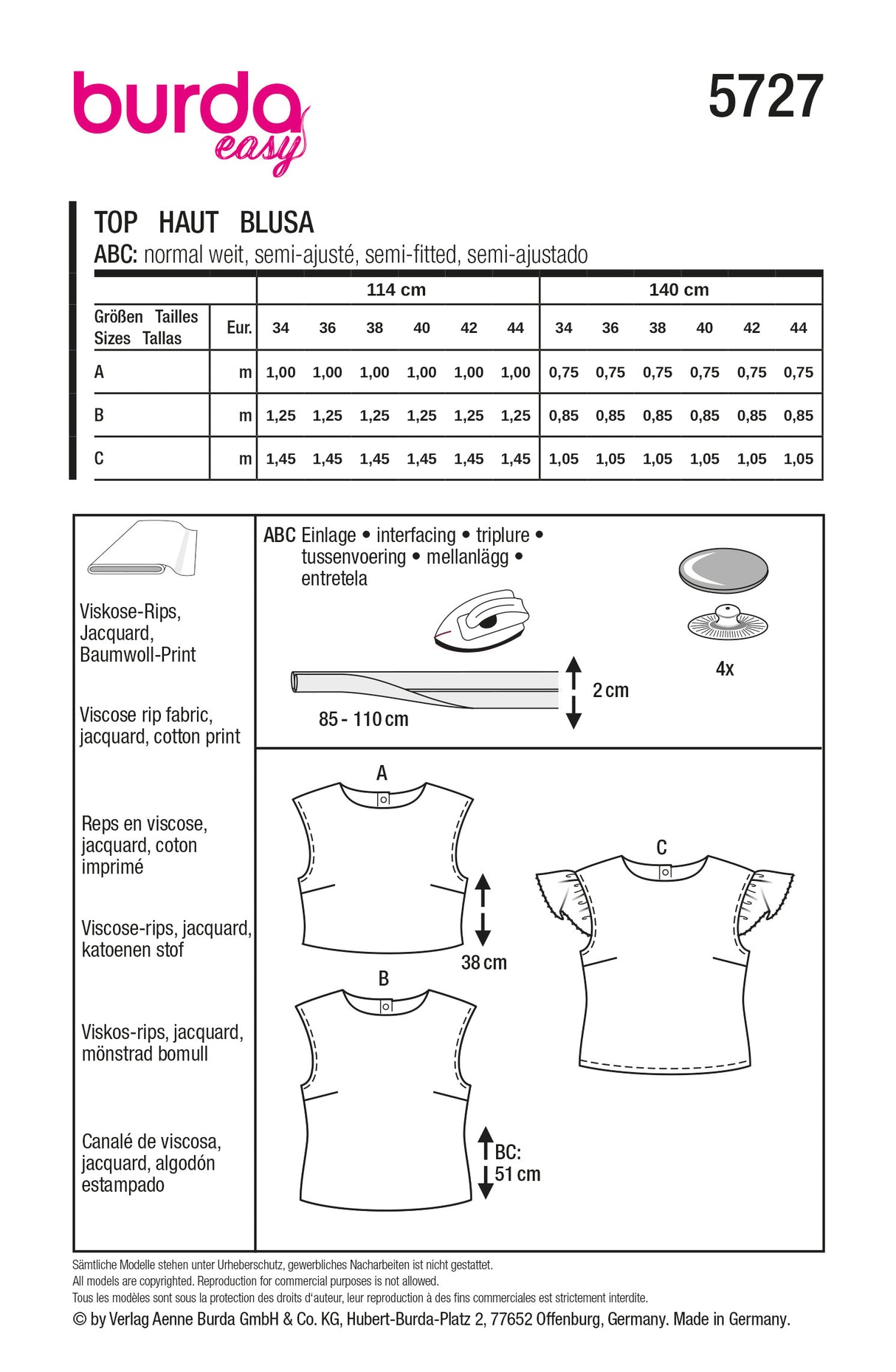 Patron Burda n°5727 - Hauts féminins à décliner