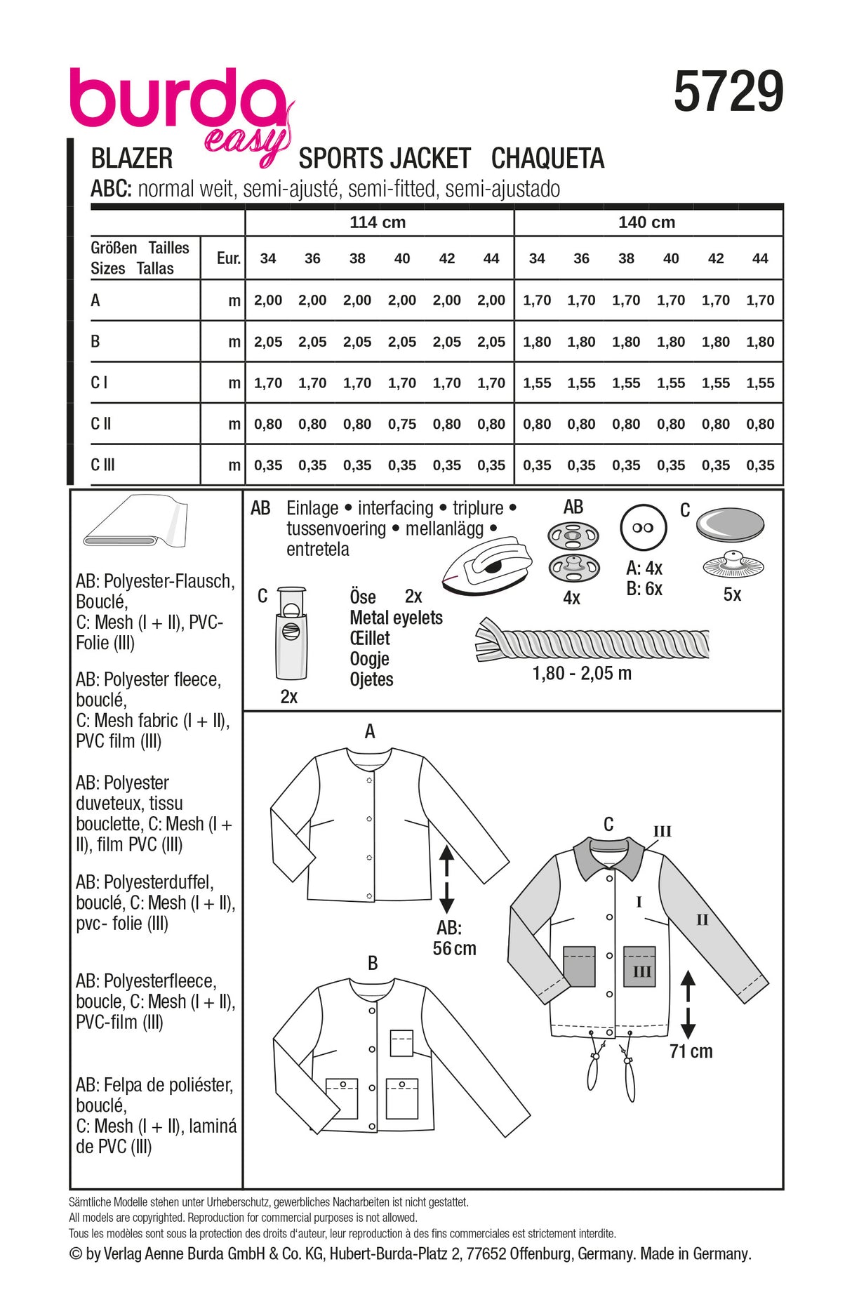 Patron Burda n°5729 - Veste courte et blazer