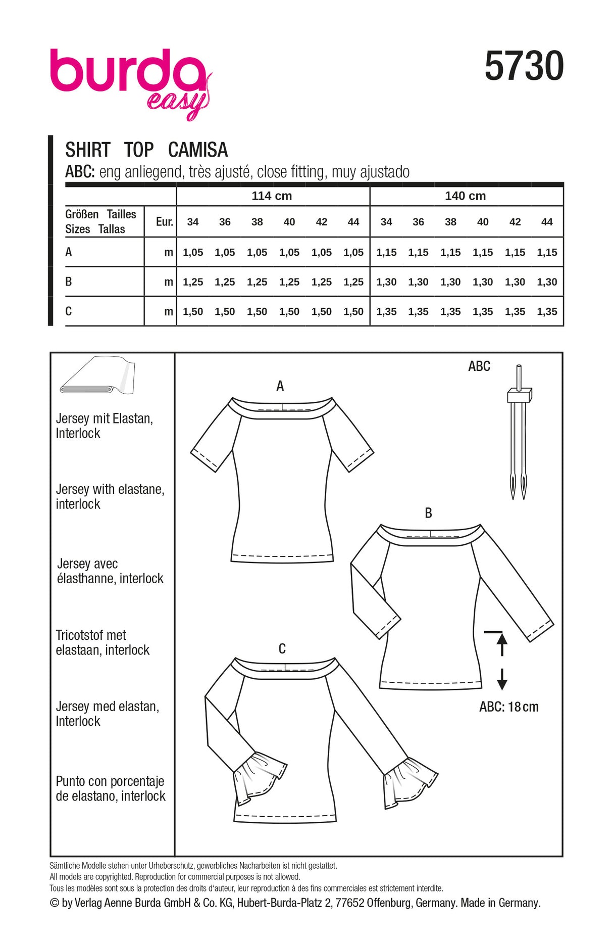 Patron Burda n°5730 – Tops à encolure bateau