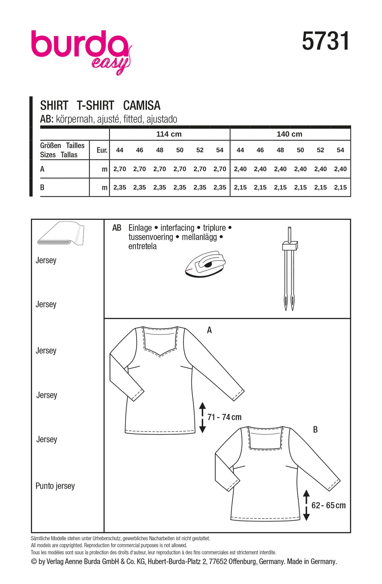 Patron Burda n°5731 – T-shirts à encolure cœur ou carrée
