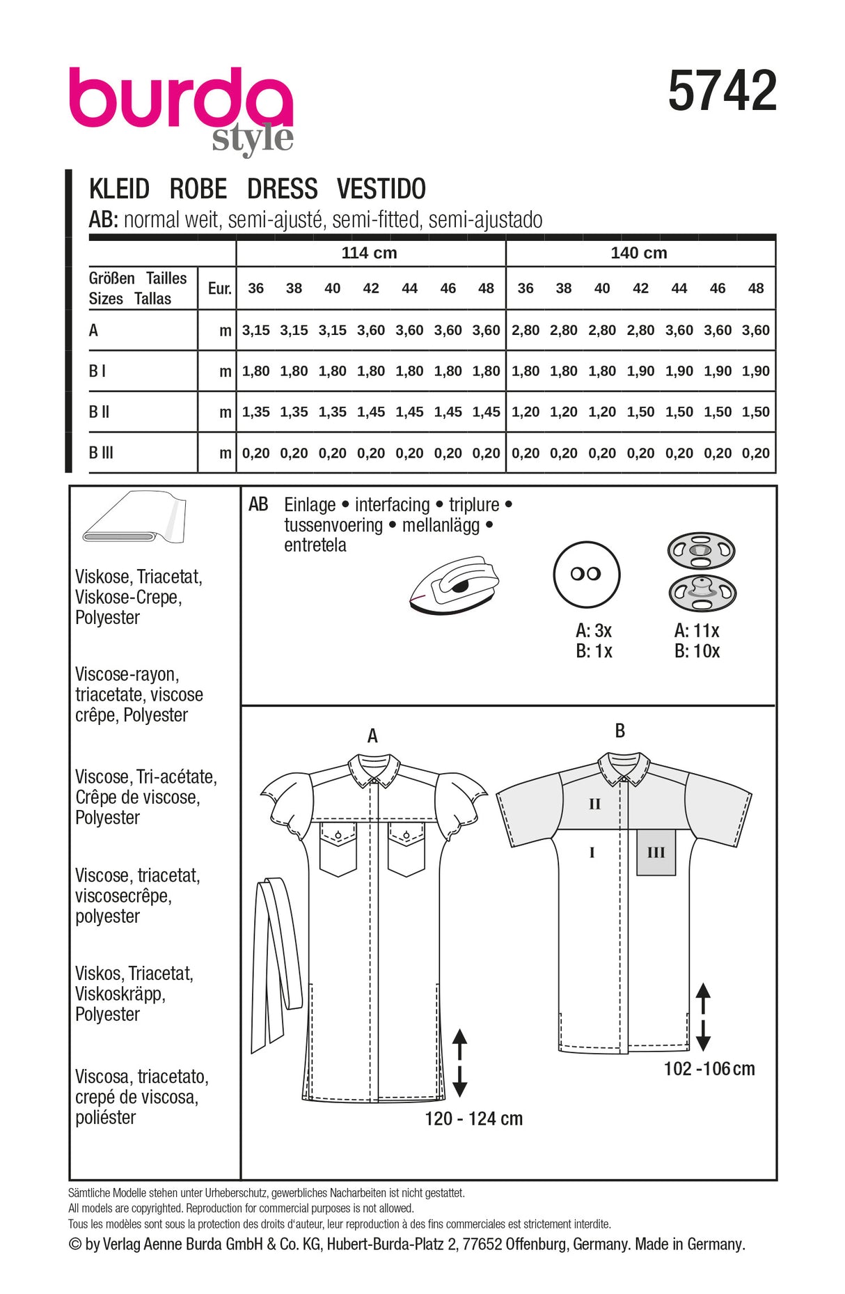 Patron Burda n°5742 – Robe chemise structurée