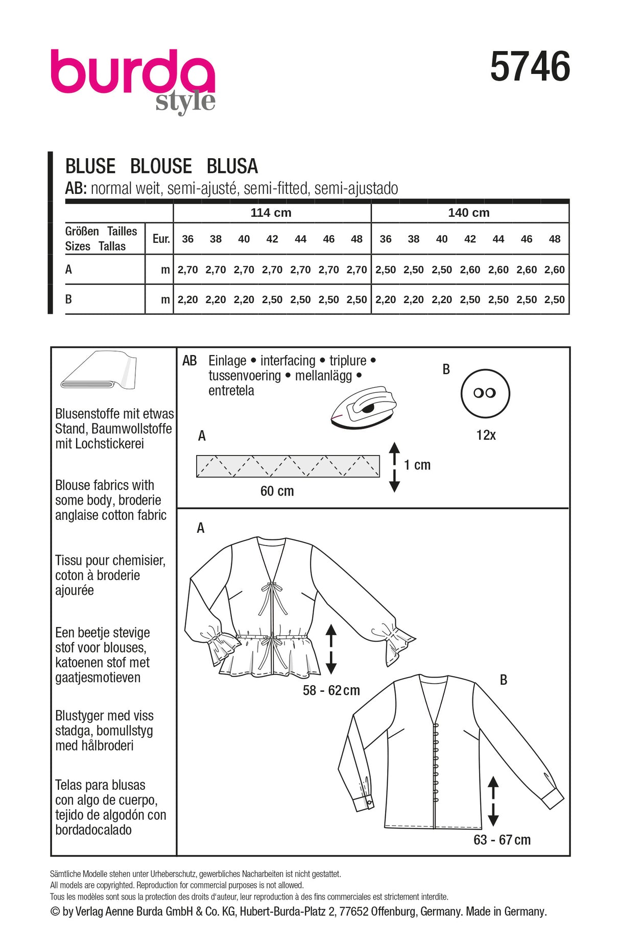 Patron Burda n°5746 – Blouse à col V avec ou sans volants