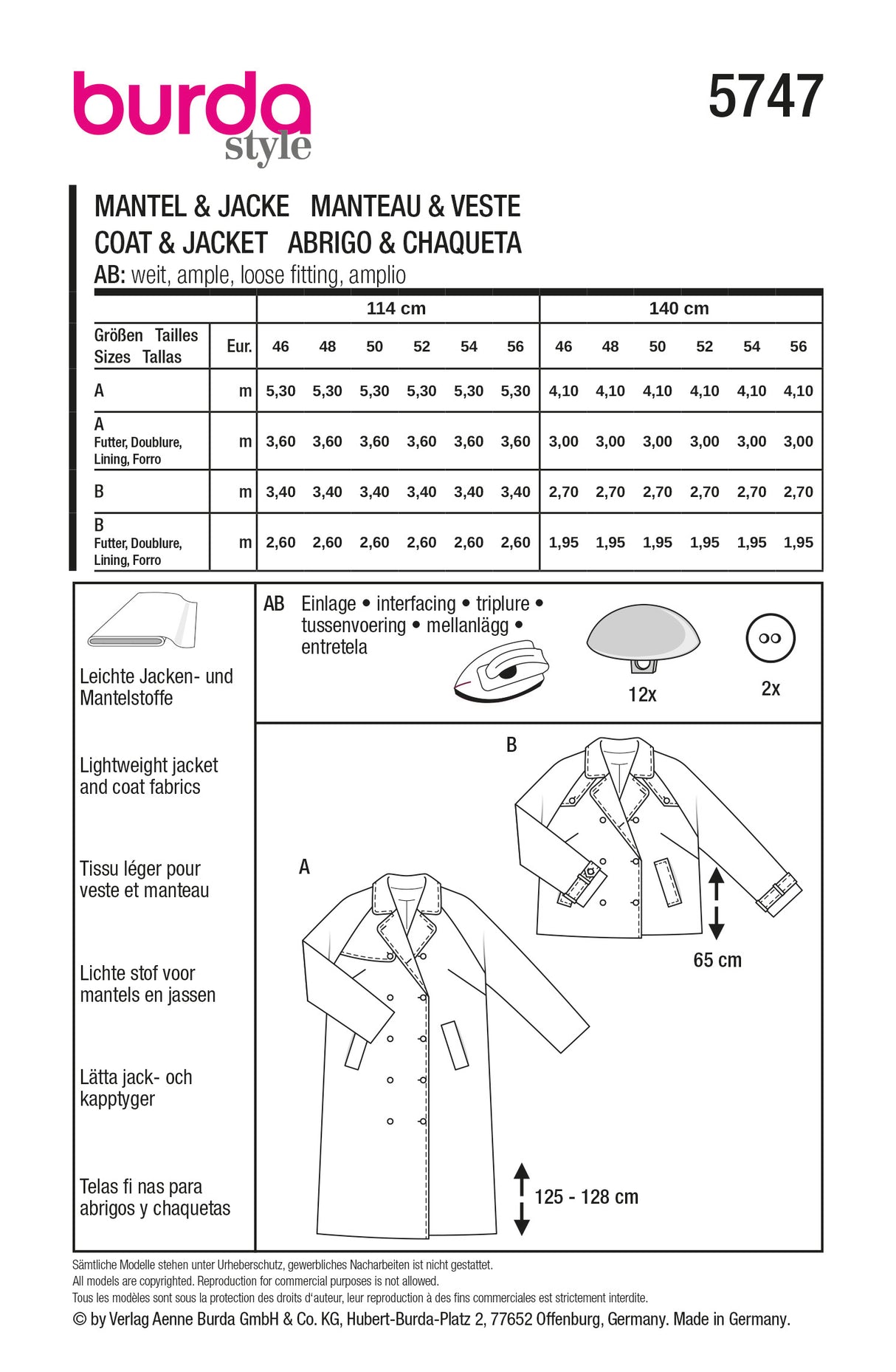 Patron Burda n°5747 – Manteau ou veste à manches raglan