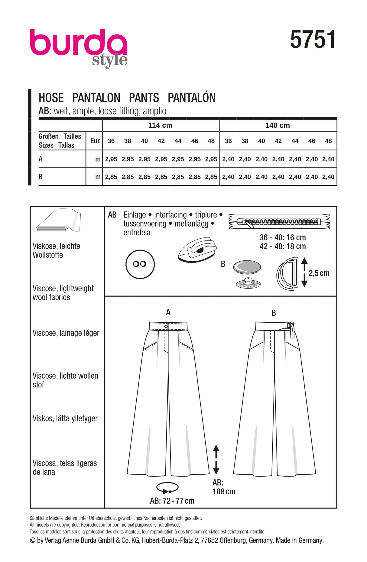 Patron Burda 5751 - Pantalon à pinces