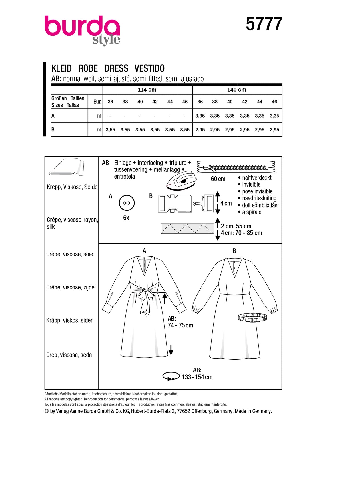 Patron Burda n°5777 – Robe Élégante et Polyvalente