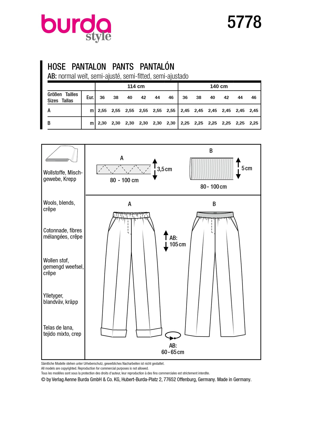 Patron Burda n°5778 – Pantalon Marlene Élégant et Confortable
