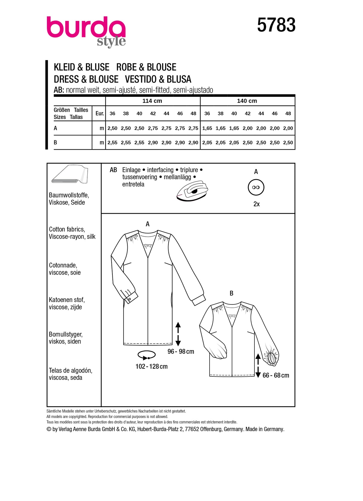 Patron Burda n°5783 – Robe et Blouse Élégantes avec Manches Bouffantes