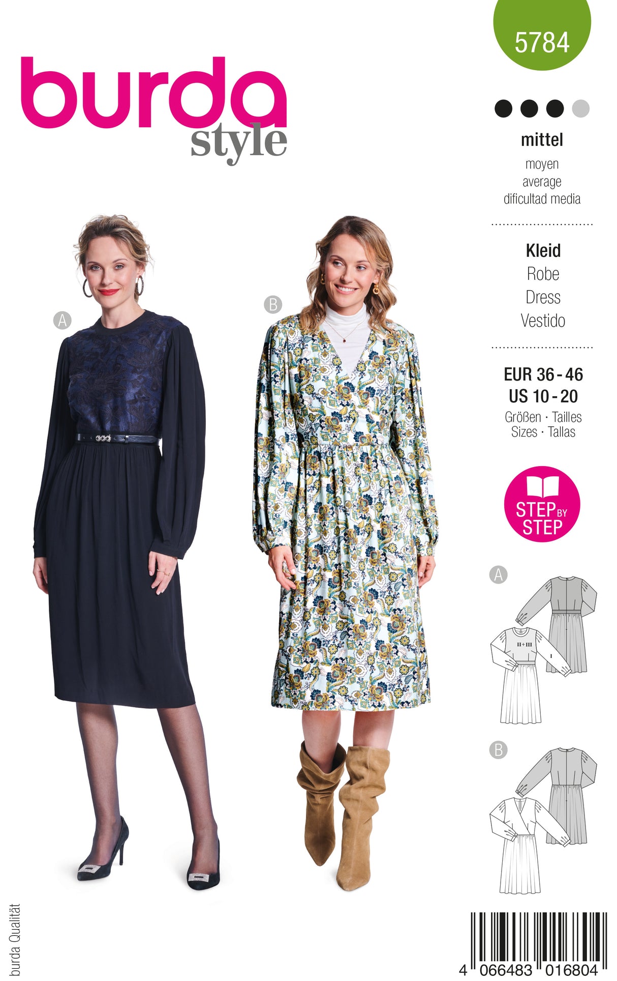 Patron Burda n°5784 – Robe Élégante avec Manches Volumineuses