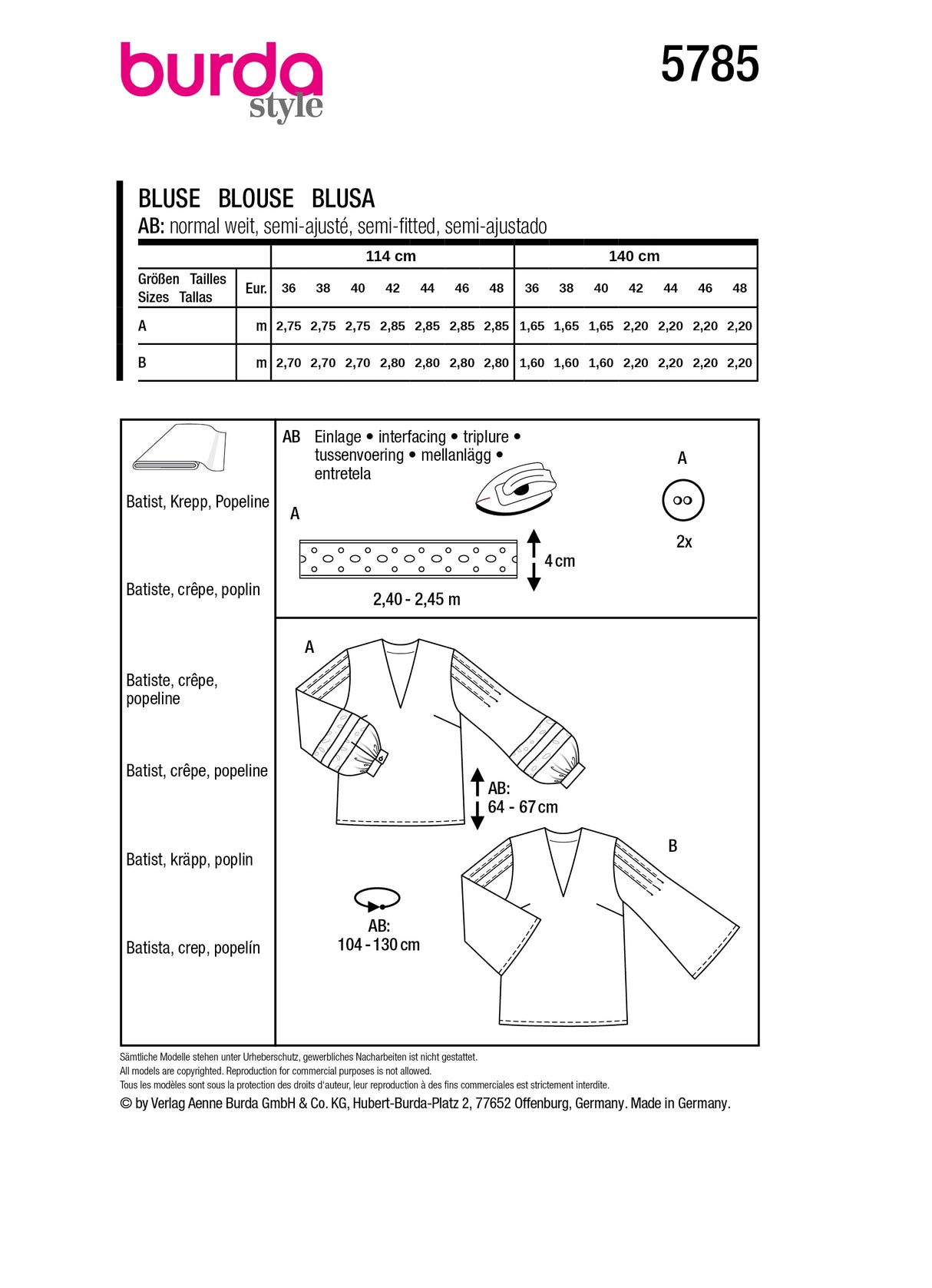 Patron Burda n°5785 – Blouse Élégante avec Manches Plissées