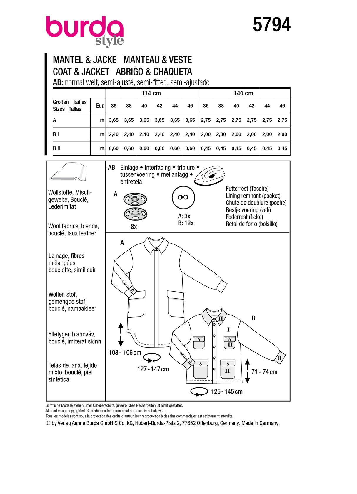 Patron Burda n°5794 - Veste et Manteau