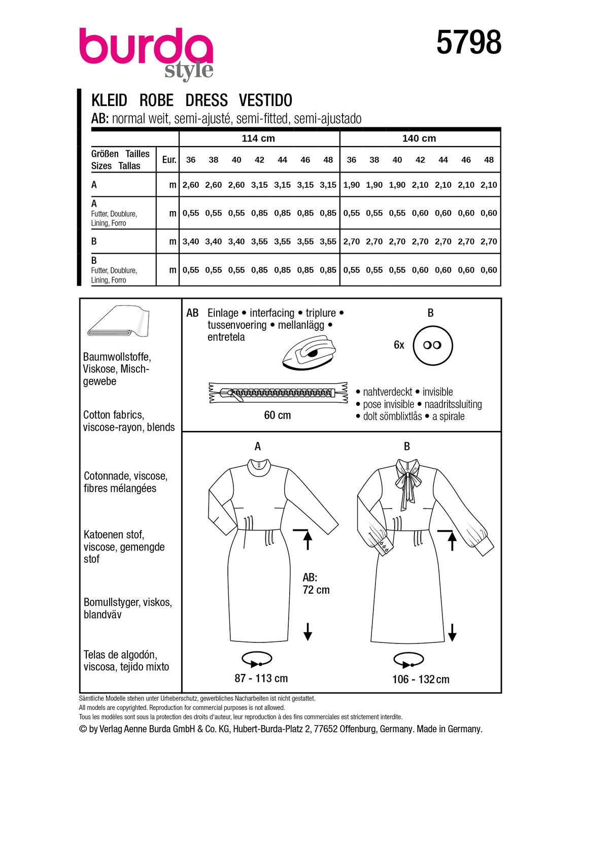 Patron Burda n°5798 - Robe Féminine