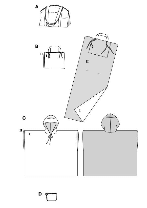 Des modèles de sacs et des foulards illustrés: A sac de sport en toile, B petit sac et grande pochette, C poncho ou cape avec capuche, D petit accessoire rectangulaire.