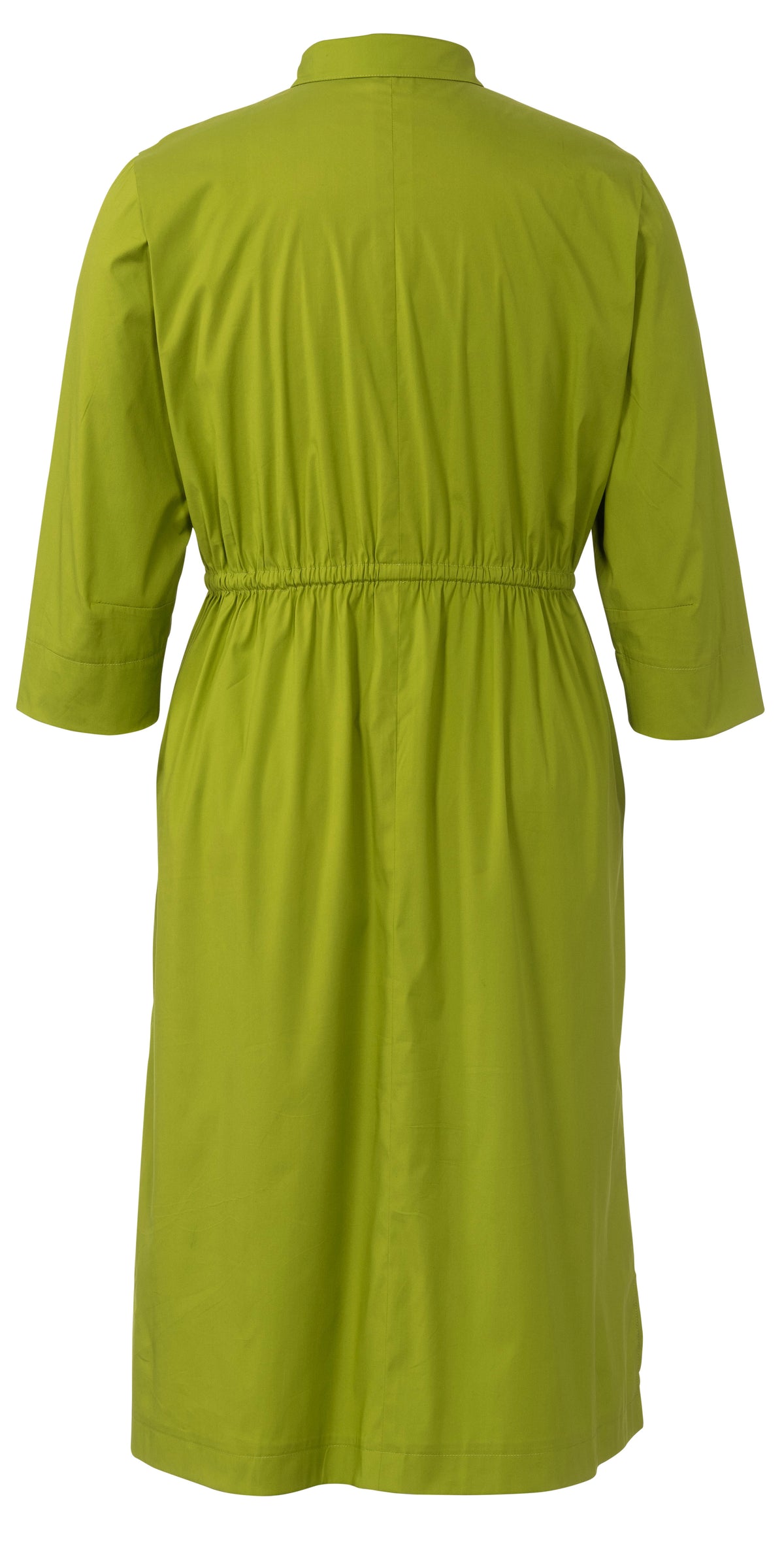 Robe verte citron avec ceinture élastiquée à la taille, manches trois quarts et col montant vu de dos.