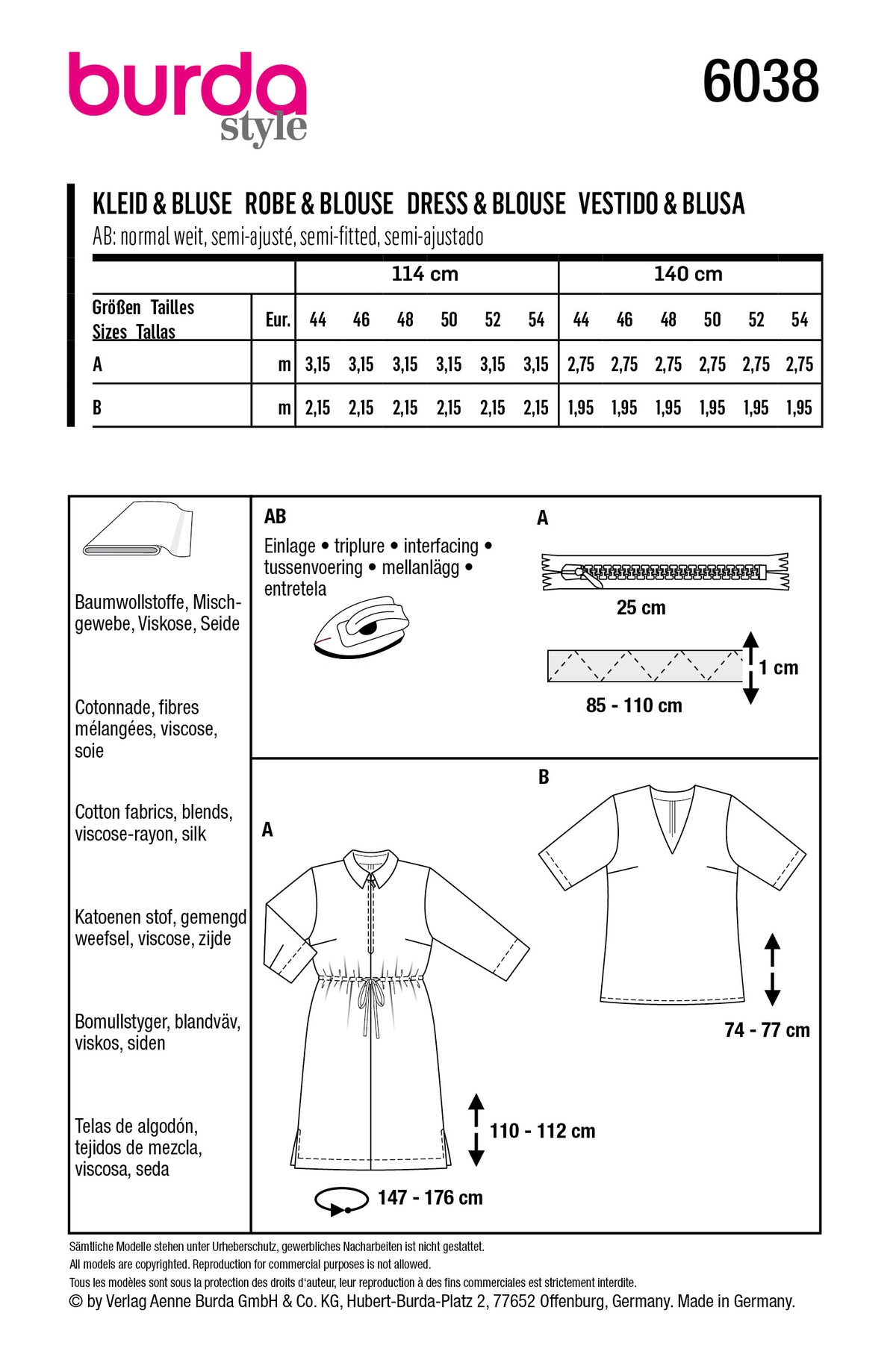 Gabarit Burda 6038: tableau des tailles et schémas de robe et blouse, images de manches, longueur et mesures.