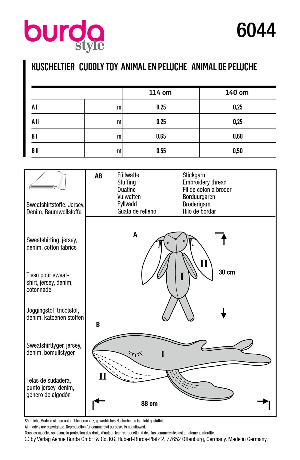 Patron Burda n°6044 – Peluches lapin et baleine