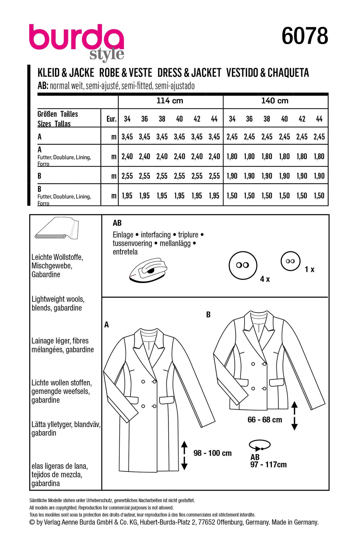Patron Burda n°6078 – Robe blazer et veste croisée avec revers