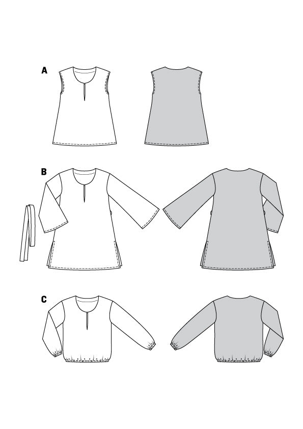 Top: un top sans manches A avec empiècements et ouverture en V; verso: version boutonnée grise. 
B: tunique avec manches évasées et base froncée, version droit devant; visuel arrière grisé. 
C: pull à manches bouffantes et poches poitrine, version manches longues et bas élastique; dos simple.