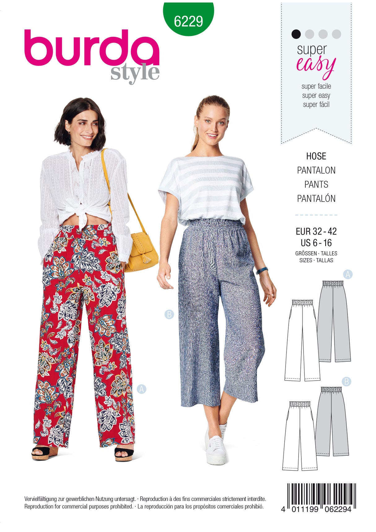 Patron Burda n°6229 – Pantalon femme et pantacourt à coulisse élastique