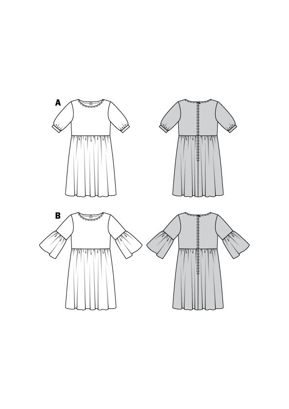 Six robes à manches longues, jupe plissée, deux tons blancs/gris, vues de face et dos en trois rangées.