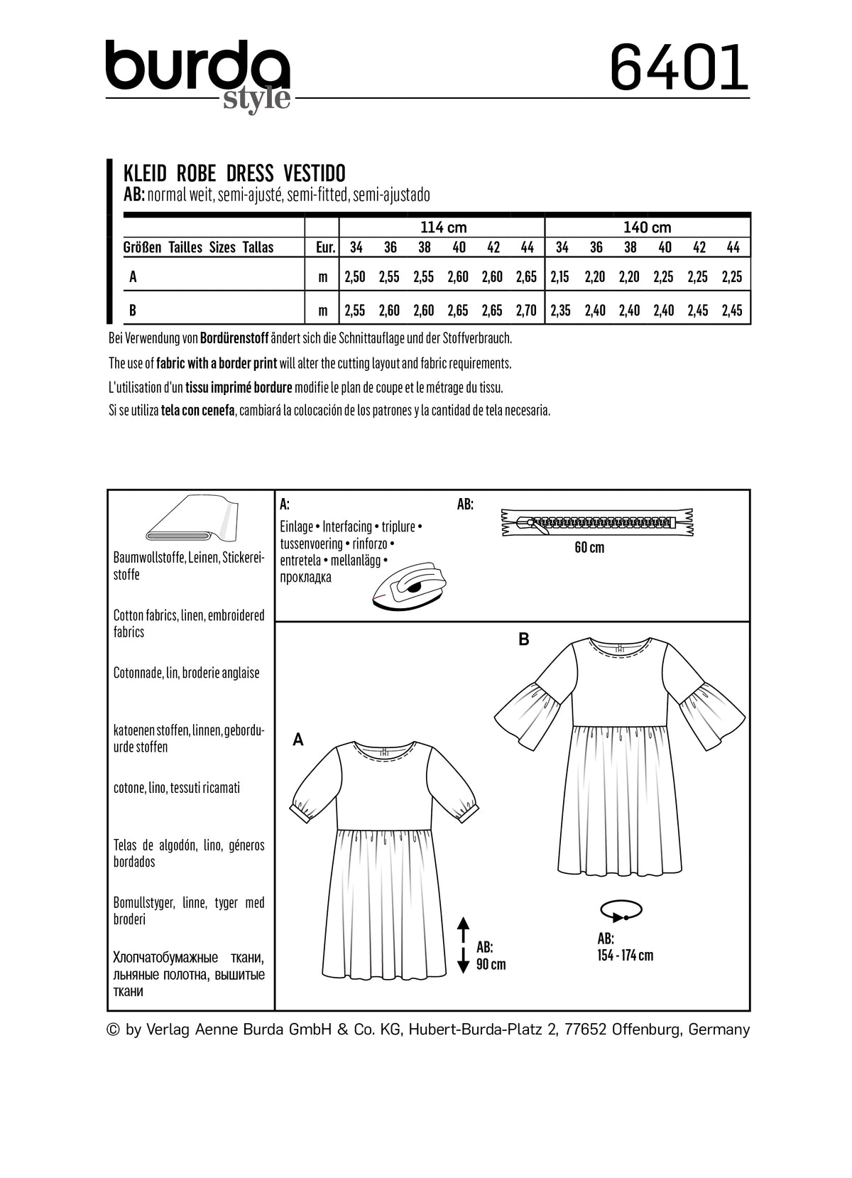 Patron Burda n°6401 – Robe féminine à manches variées
