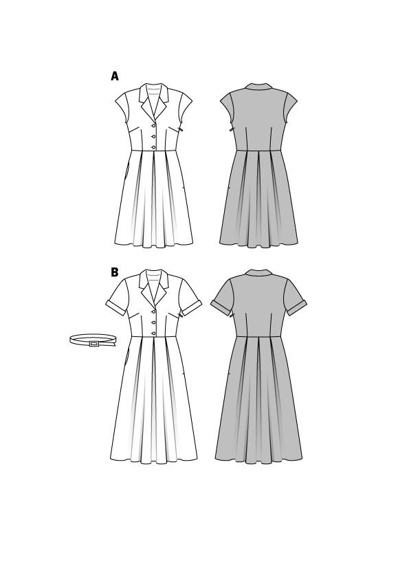 Illustrations de robes et de ceinture: version blanche et grise vue de face et de dos, avec col, manches courtes et plis, ceinture décorative montrée séparément.