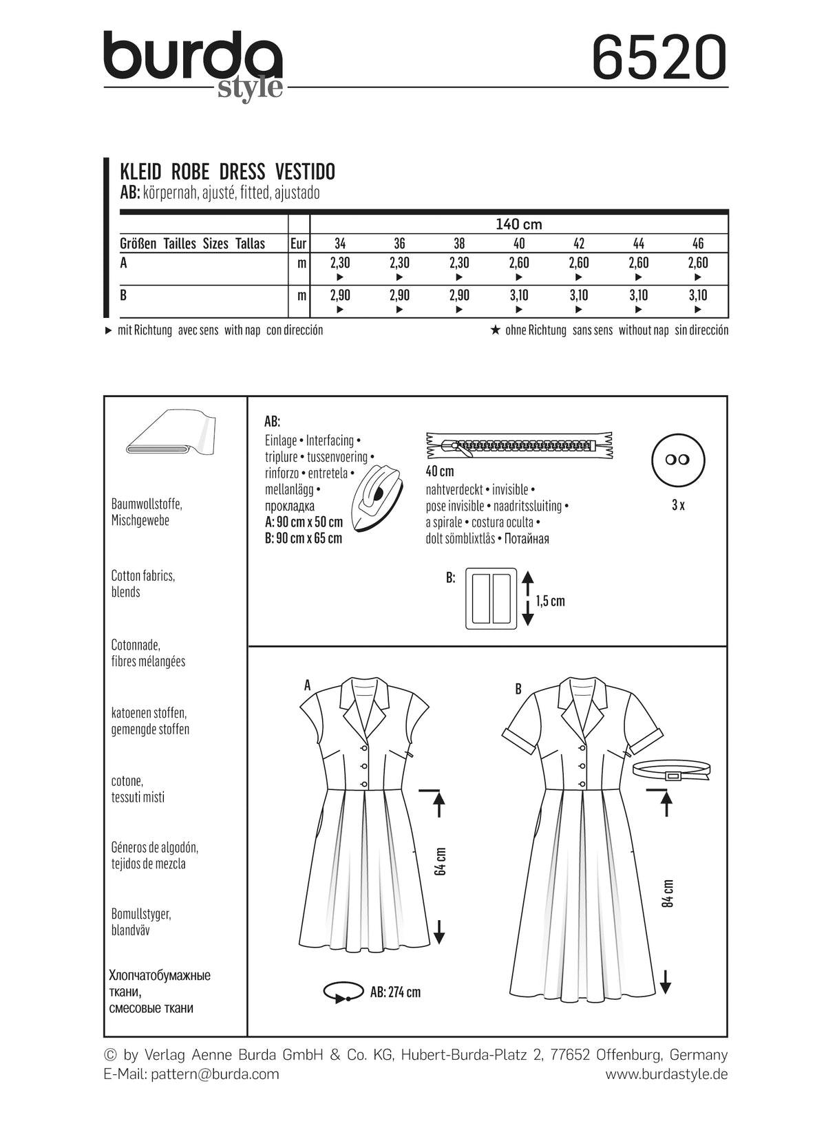 Patron Burda n°6520 – Robe chemisier avec jupe plissée