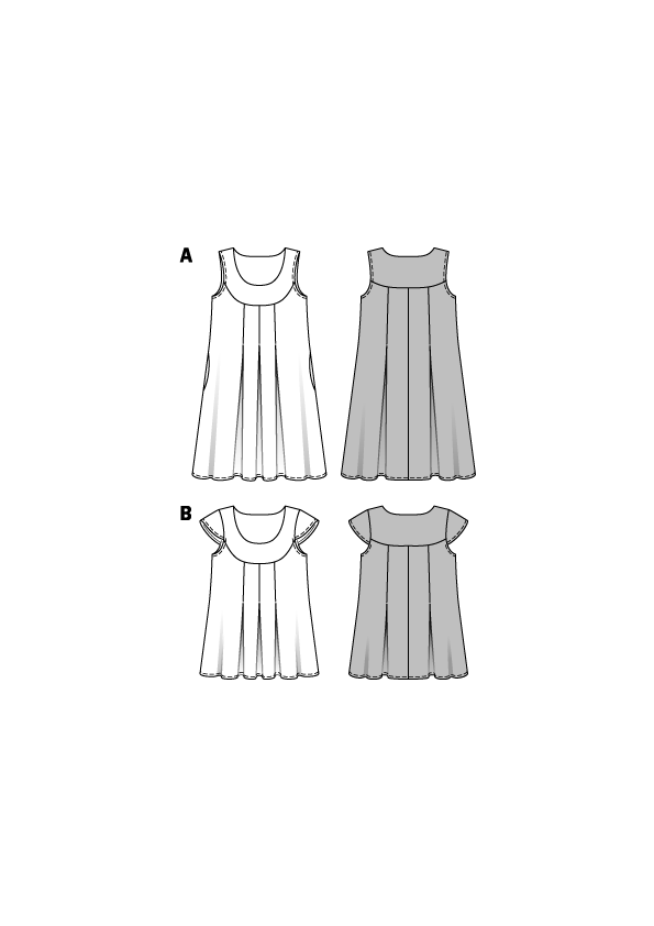 Six robes droites à col rond et empiècements contrastés, trois paires en blanc et gris.