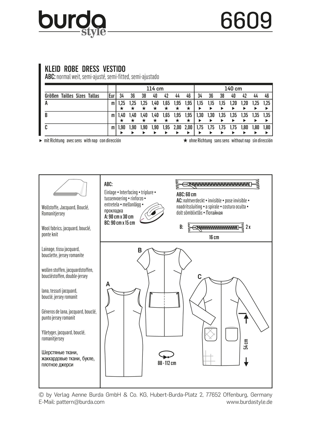 Guide de couture Burda 6609: schémas de robe et pièces A, B, C avec tableau tailles et mesures.