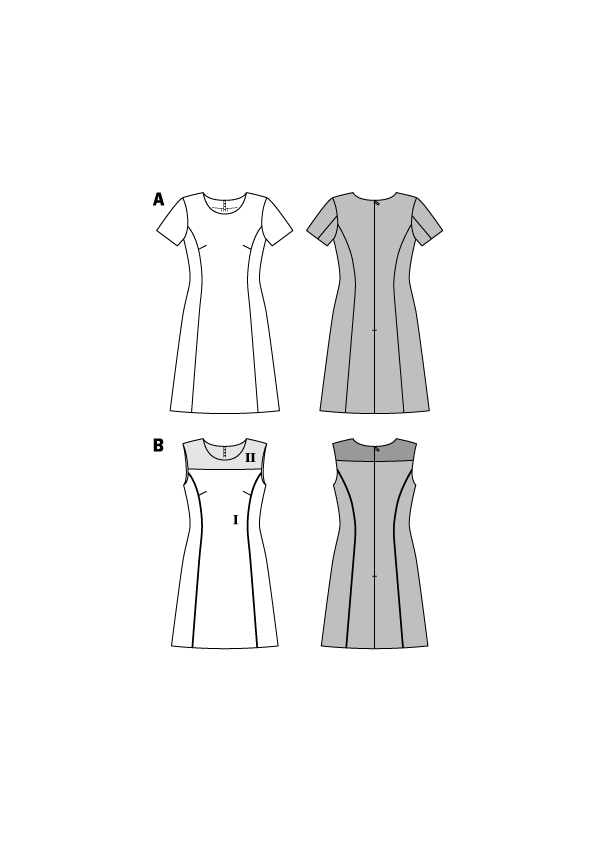 Schéma technique de patrons de robes : 4 silhouettes montrant variations de dos et manches courtes sur fond noir, en blanc et gris.