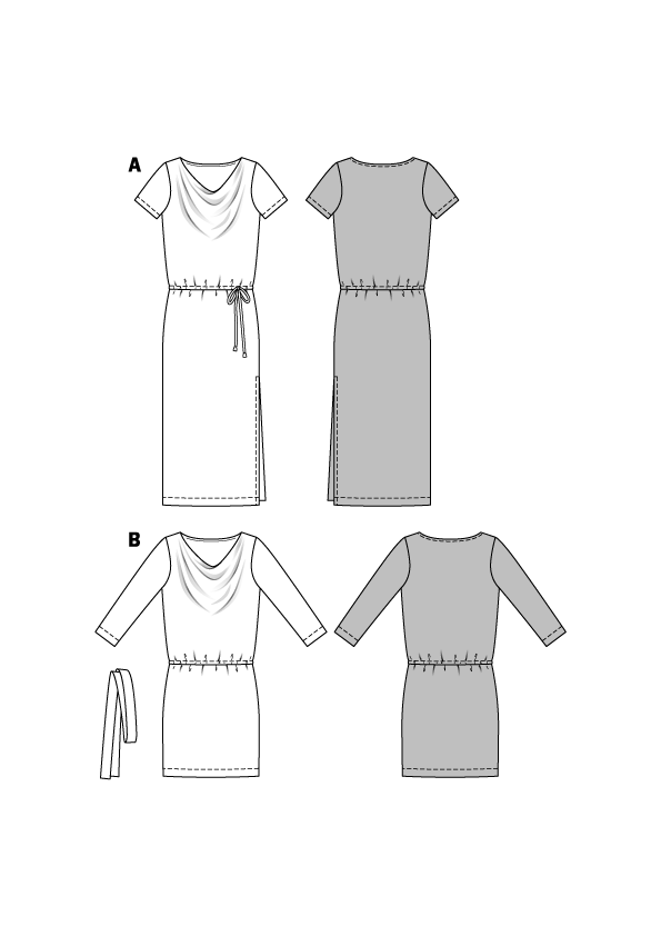 Deux robes sur mannequin : une robe longue blanche à ceinture, et une robe longue grise sans ceinture, vues de face.
