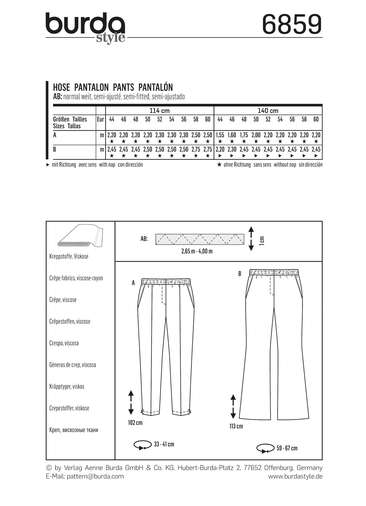 Patron Burda n°6859 - Pantalon à enfiler