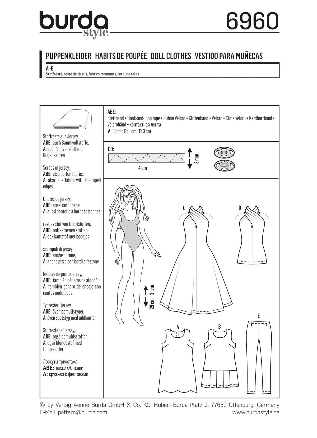 Planche de patrons Burda Style 6960 avec schémas de pièces et mesures pour vêtements de poupée: robe, haut sans manches,