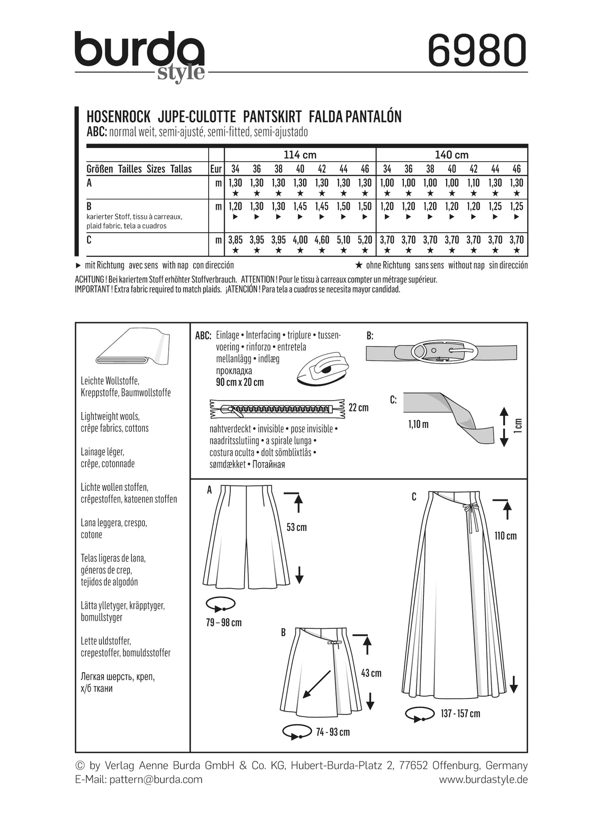 Patron Burda n°6980 - Jupe-culotte