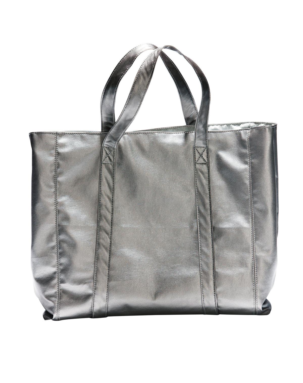 Grand sac cabas métallique gris argenté en cuir synthétique, poches et poignées robustes.