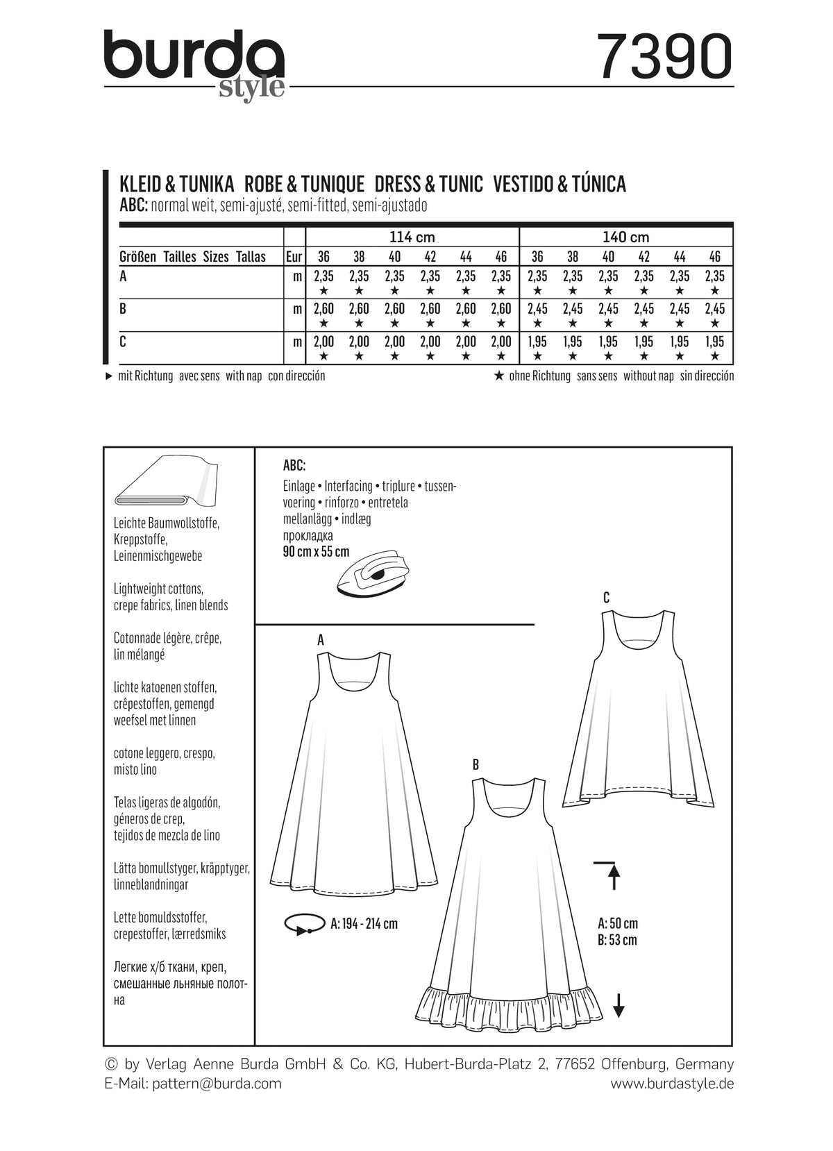 Diagramme et schéma de patron Burda: tailles, mesures et silhouettes A, B et C avec instructions et motifs.