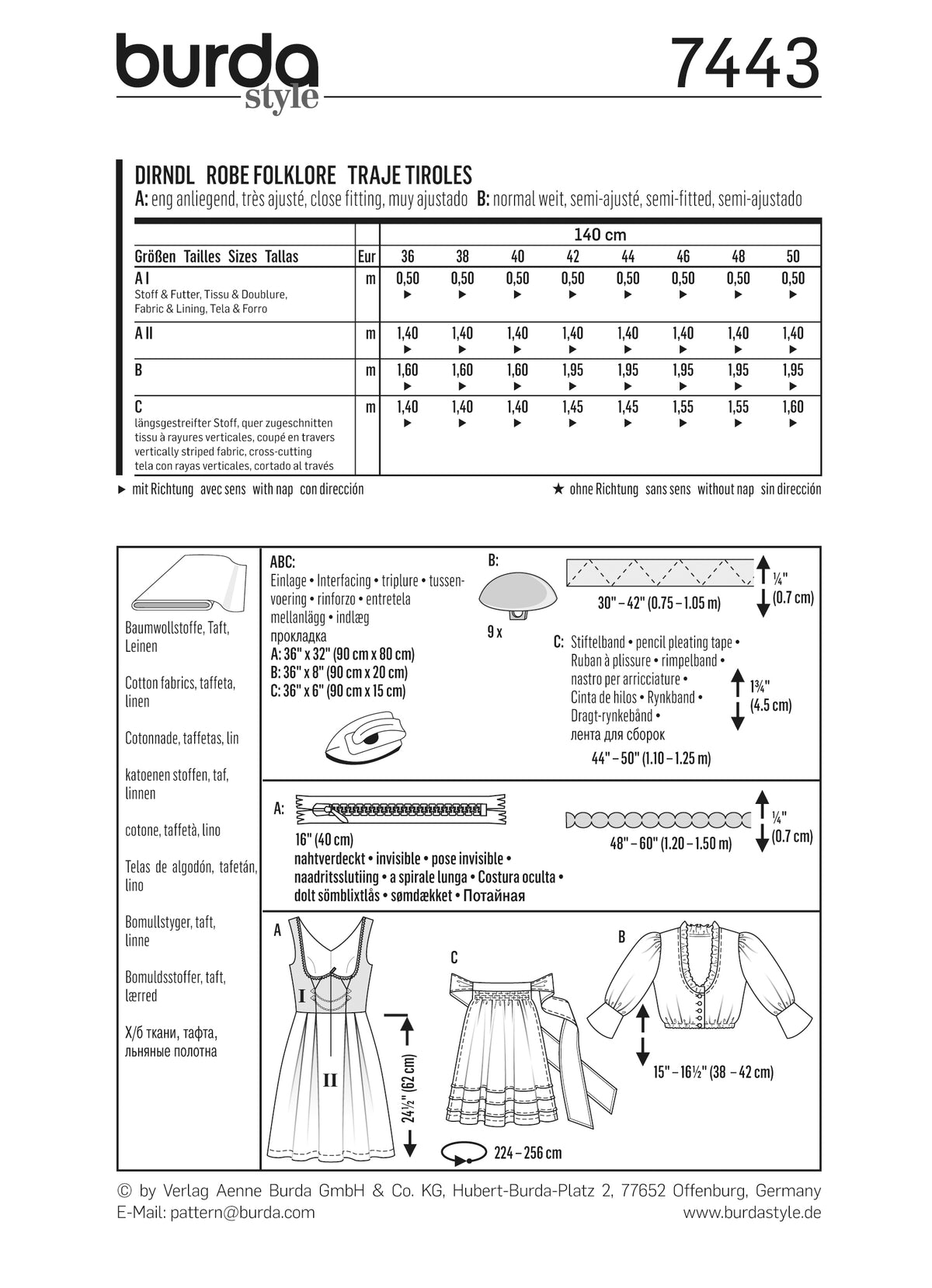 Guide de couture Burda 7443: planche technique avec mesures, pièces A et B, dessins de robes et manches, dimensions en cm.