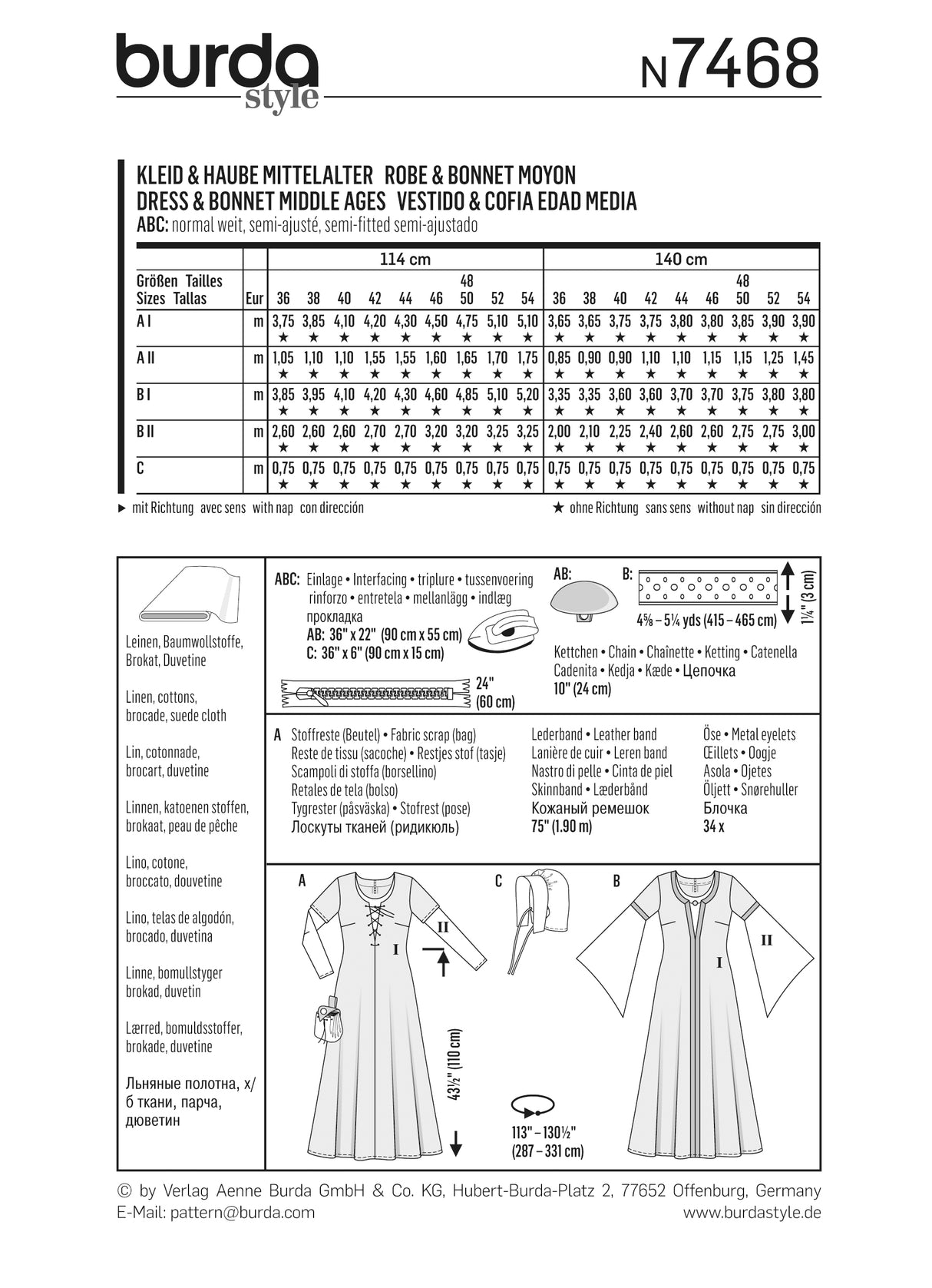 Patron Burda n°7468 - Robe et bonnet Moyen Âge