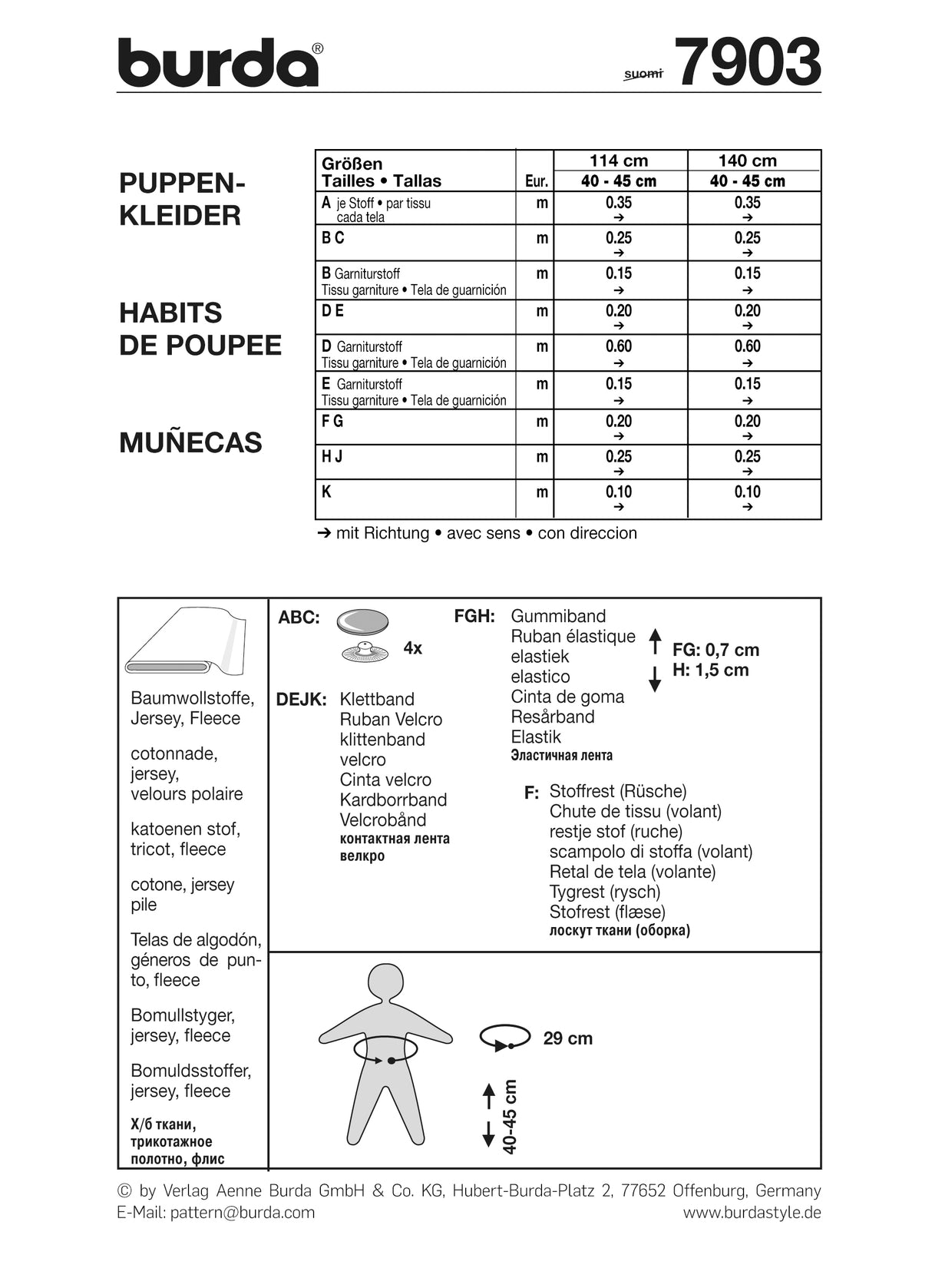 Patron Burda n°7903 - Robes de poupées