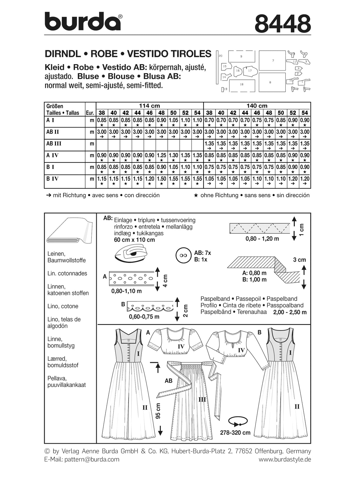 Schéma technique Burda 8448: planches et schémas de robes européennes, tailles et mesures, tutoriels de montage et indications textiles.