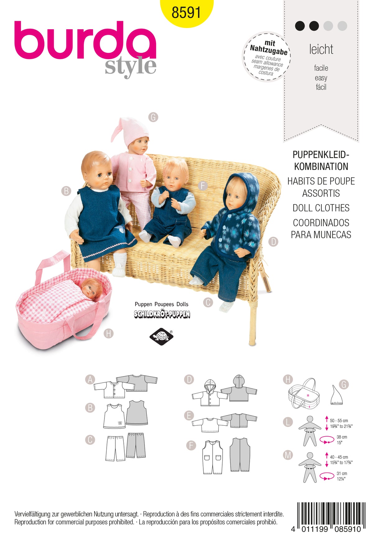Puppeen组合 de poupées vêtues en tenues bleues et roses dans un lit en osier, avec illustration et schémas de costumes au bas.