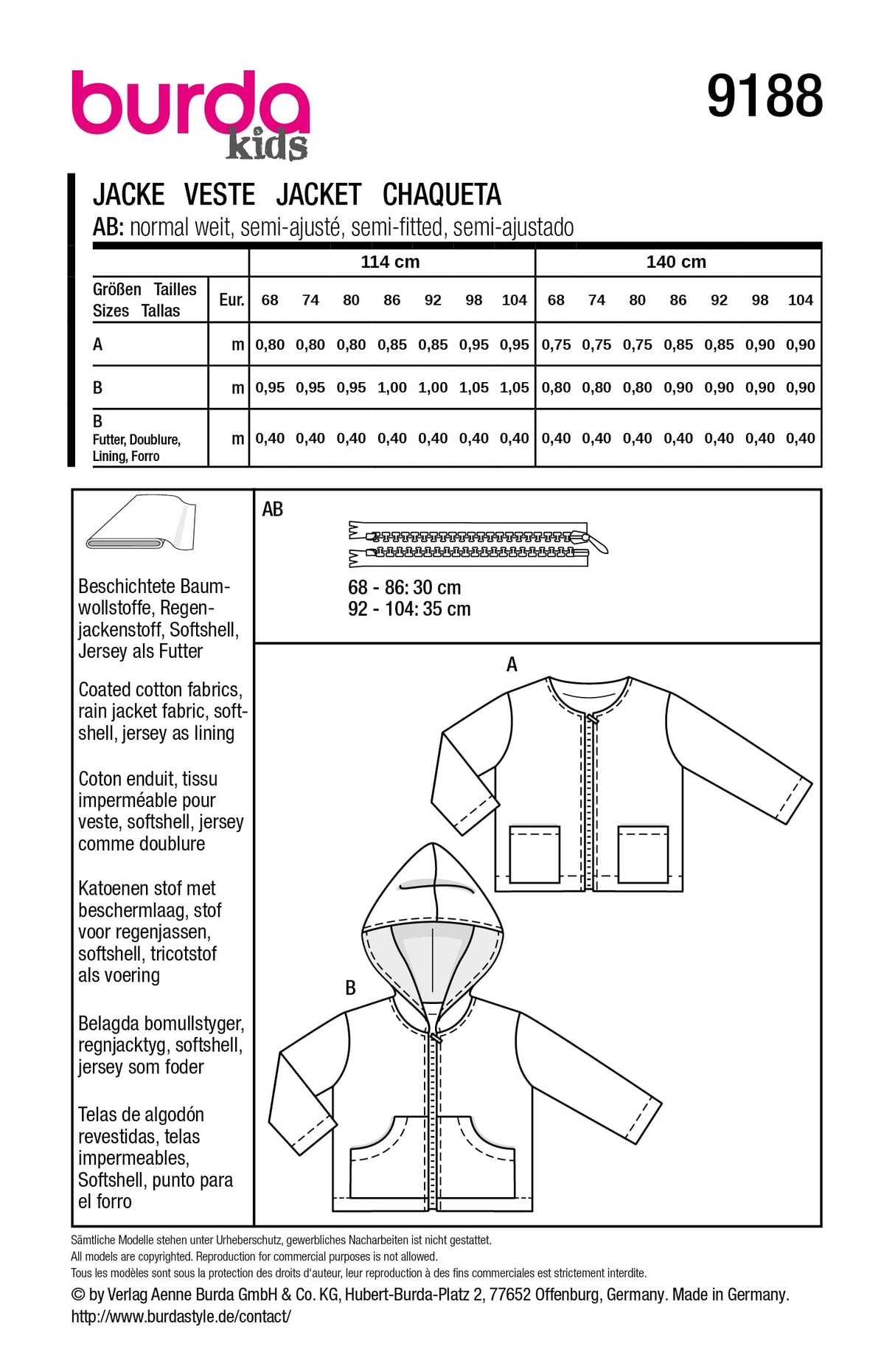 Patron Burda n°9188 - Vestes bébé