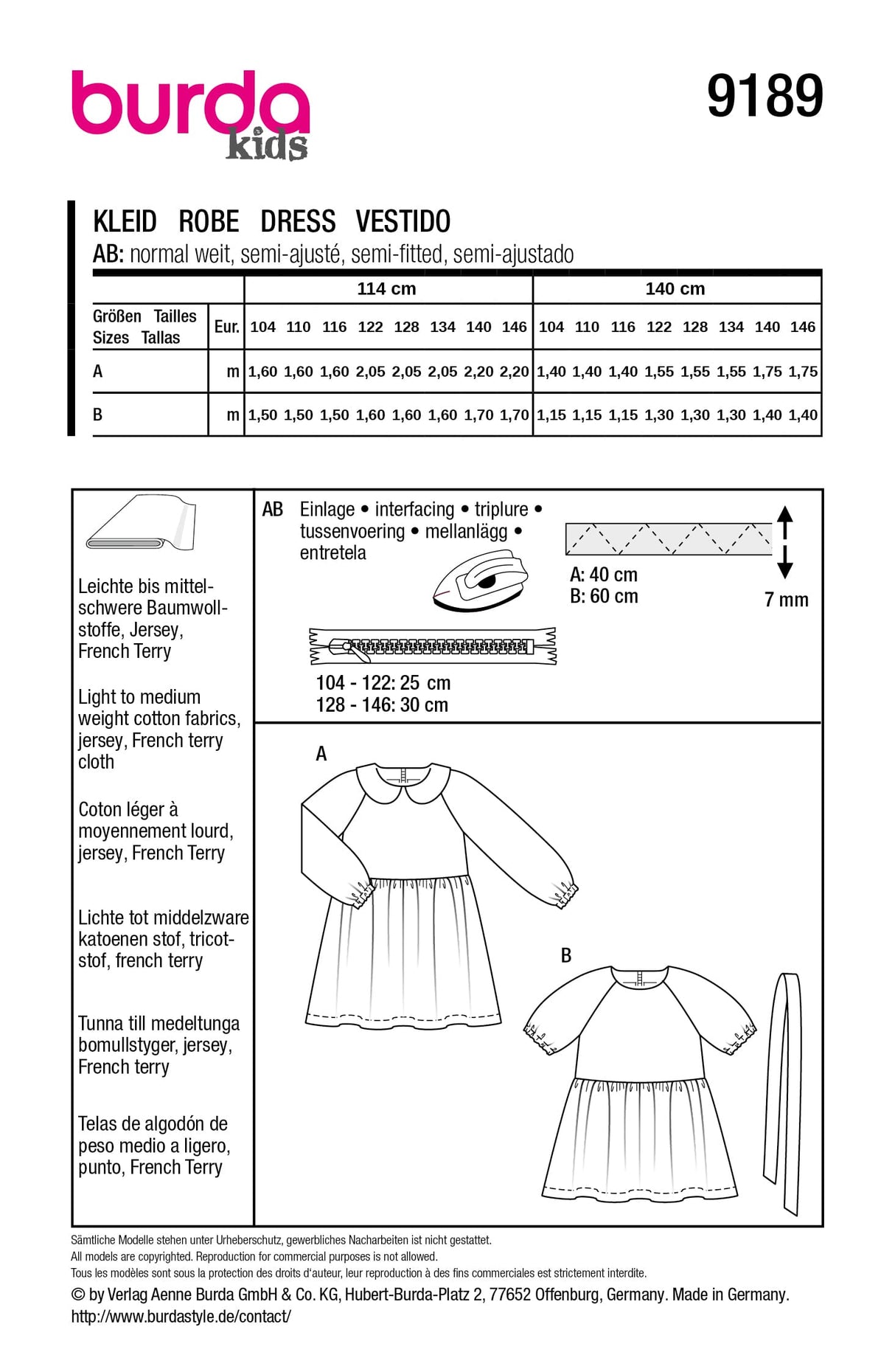 Patron Burda n°9189 - Robes fille