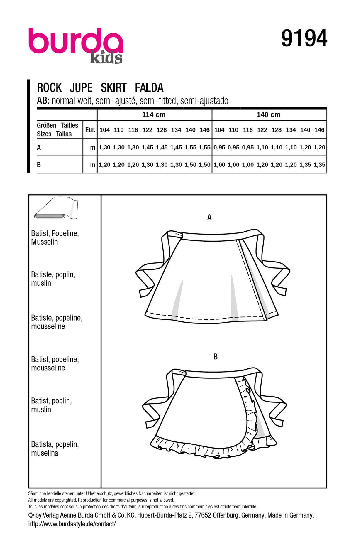 Patron Burda 9194 – Jupe enfant