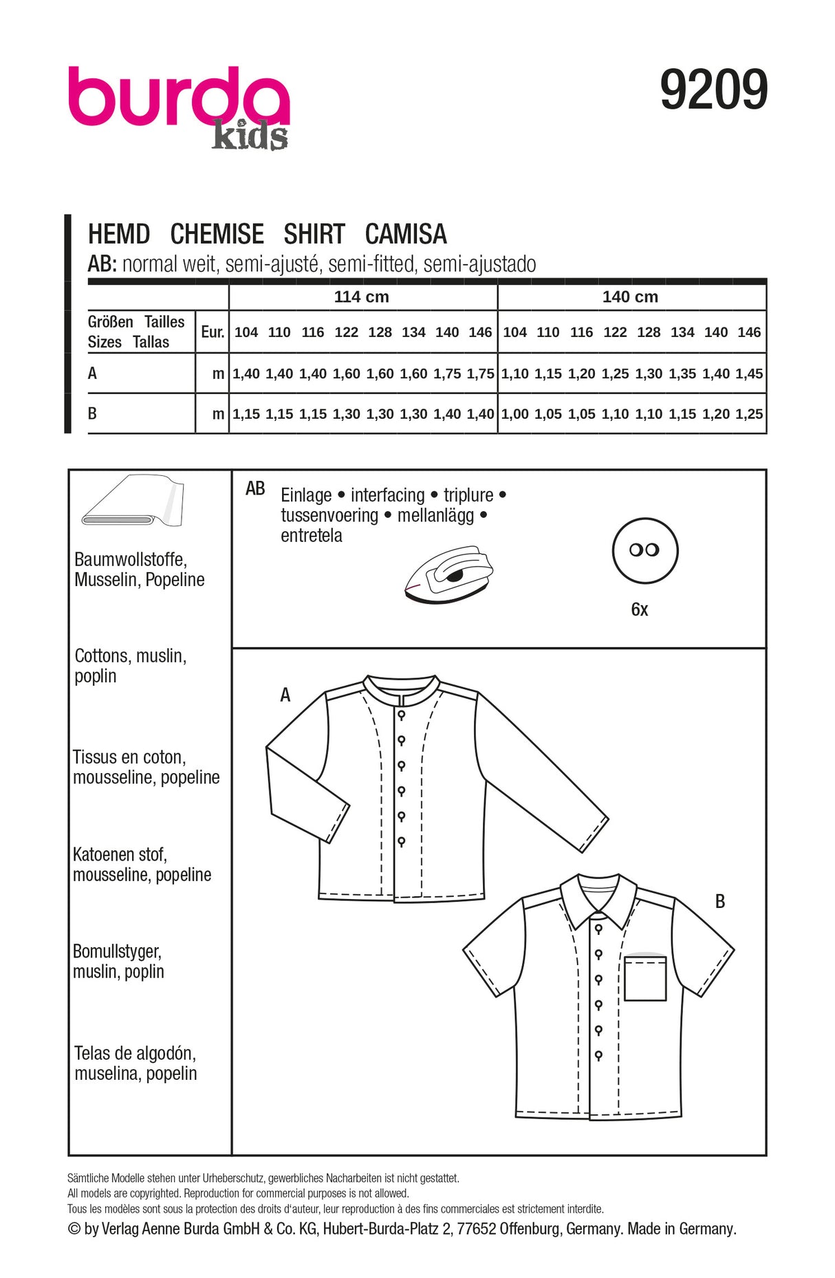 Patron Burda 9209 - Chemise enfant