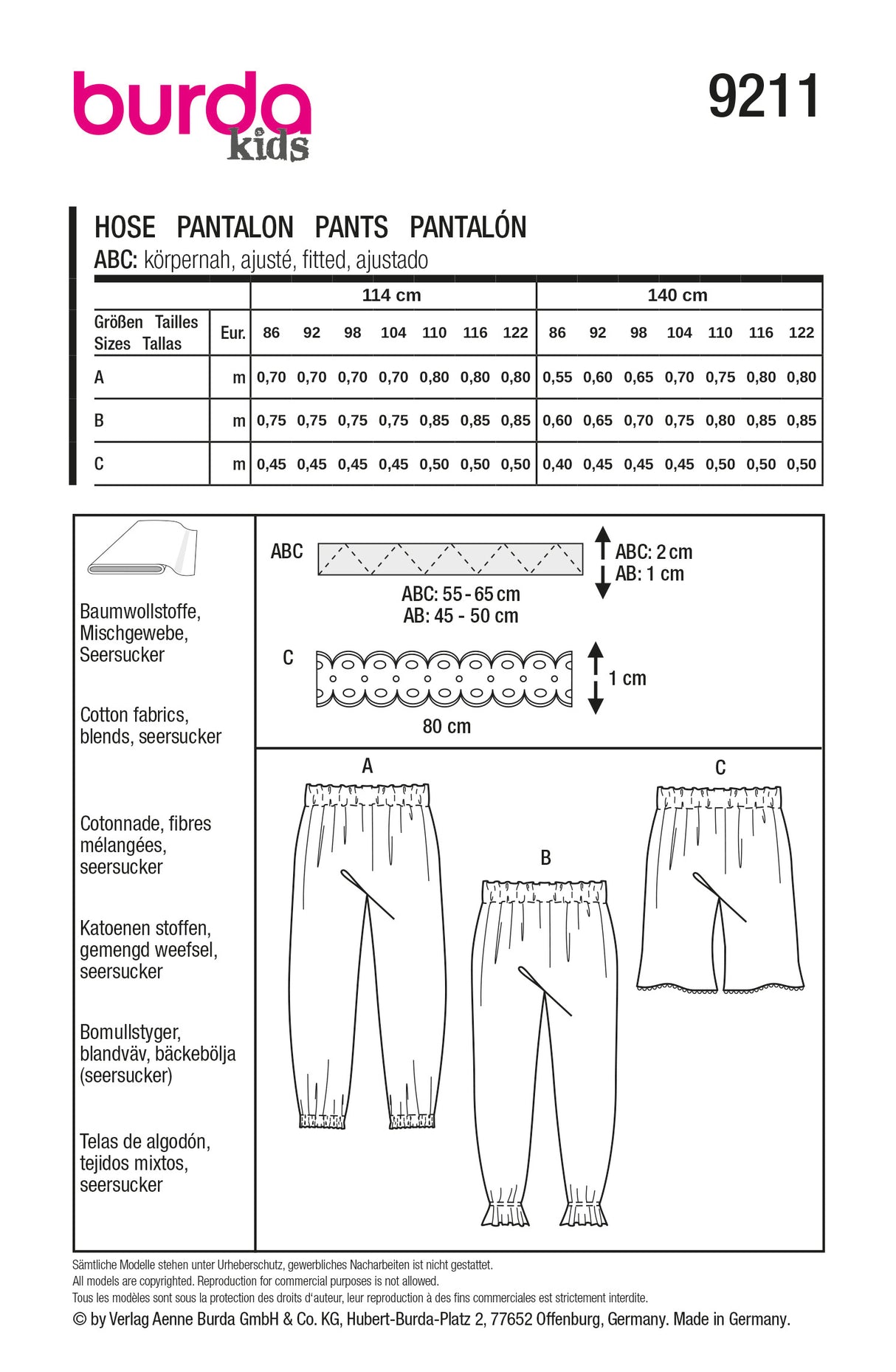 Patron Burda 9211 - Pantalon et short enfants